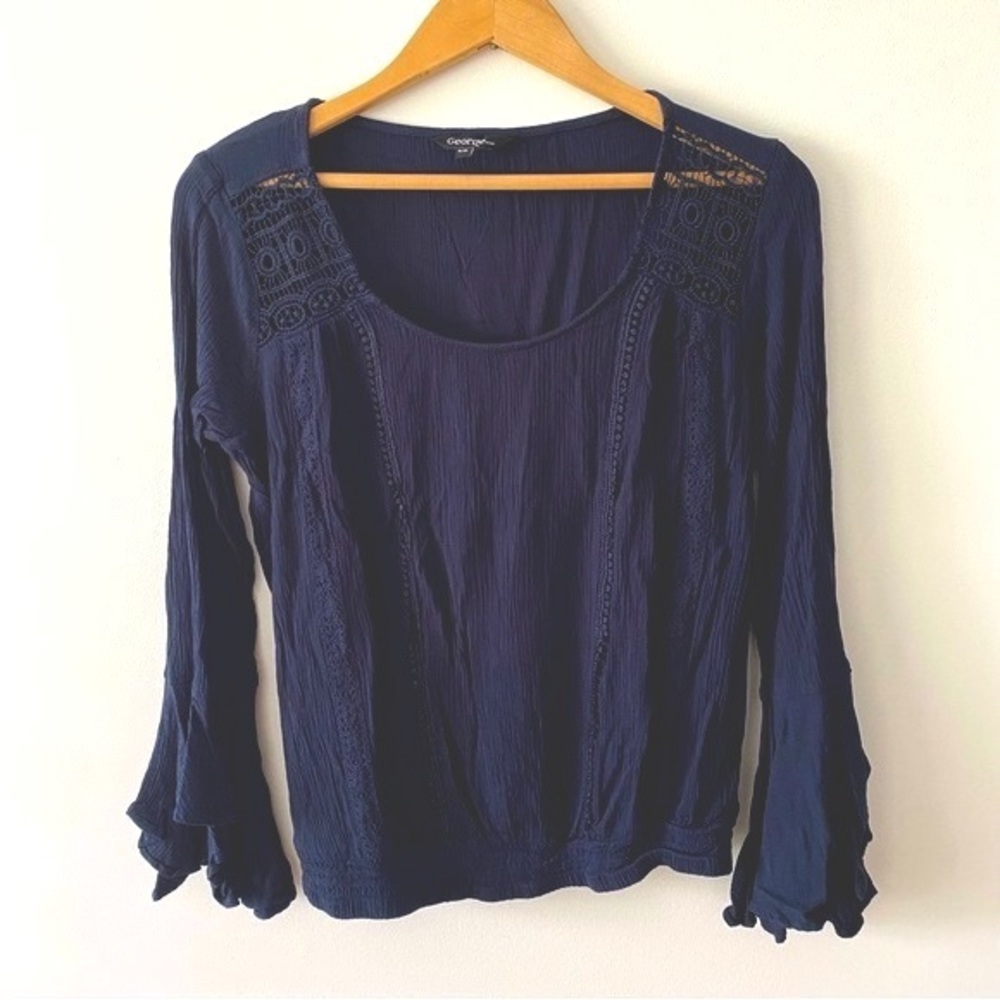 3/$30💚George navy blue crinkled long sleeve boho blouse top size small